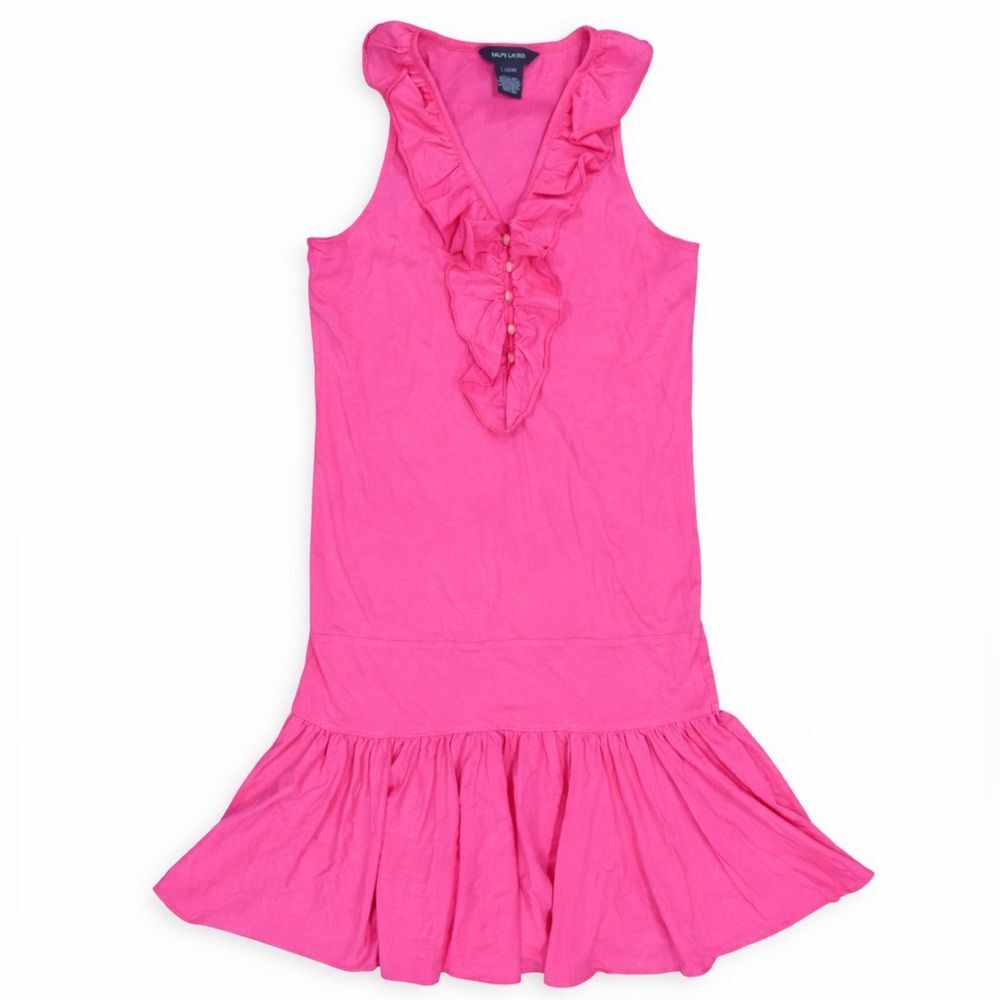 Ralph Lauren Girls Pink Ruffle Drop Waist Dress Size Large 12/14 NWT